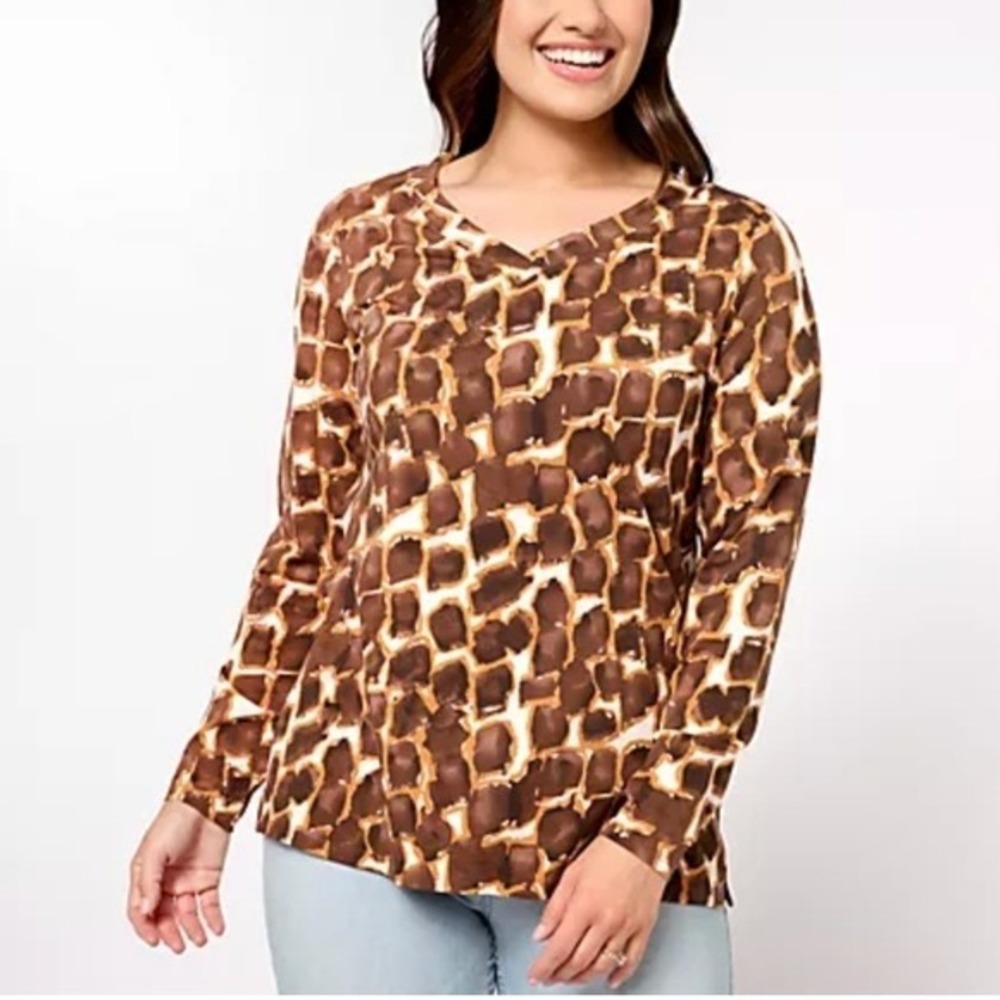 Belle by Kim Gravel Medium Brown White Animal Print Long Sleeve V Neck Blouse